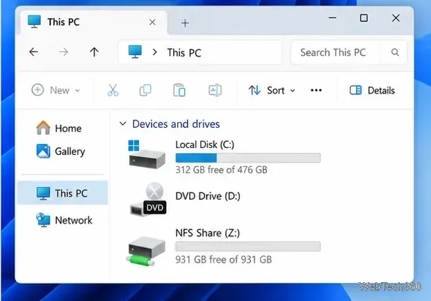 Windows 11 File Explorer This PC view with NFS Share (Z:) listed under Devices and drives.