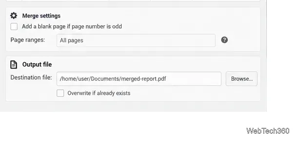 PDFsam Basic page range and output file settings for a merged PDF