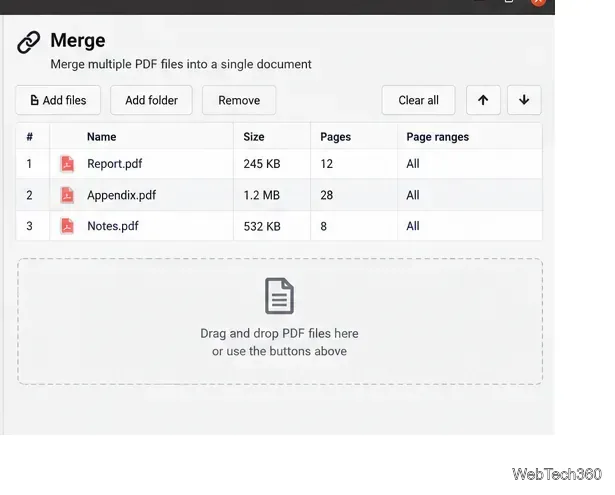 PDFsam Basic Merge workspace with three PDF files added and reorder controls visible