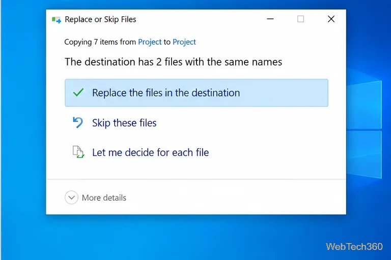 Windows 10 Replace or Skip Files dialog with options to replace, skip, or review duplicate files