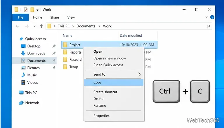 Windows 10 File Explorer with the Project folder selected and the Copy command highlighted