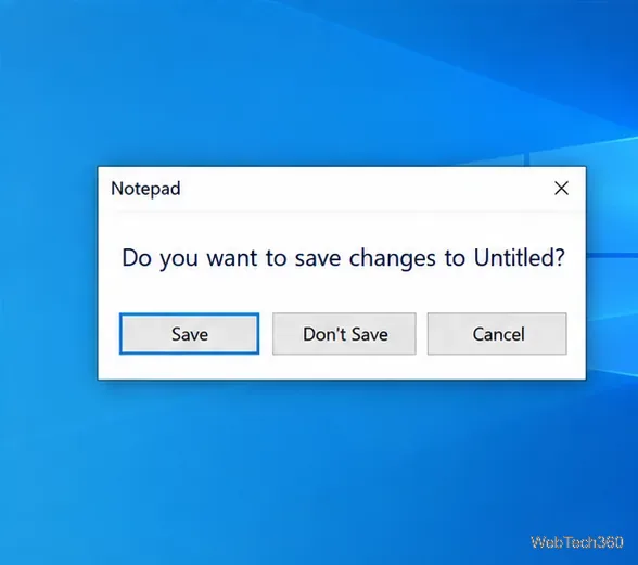 Диалоговое окно подтверждения в Блокноте Windows 10, спрашивающее, следует ли сохранить изменения, с кнопками «Сохранить», «Не сохранять» и «Отмена».