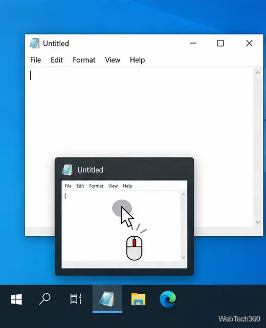 Указатель мыши находится над предварительным просмотром панели задач Windows 10, при этом отображается нажатой кнопка колесика мыши.