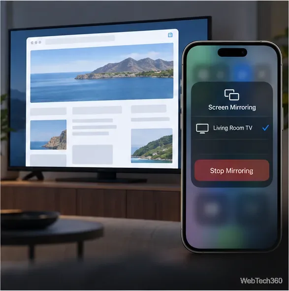 На экране телевизора и iPhone отображается зеркальное отображение веб-страницы с кнопкой "Остановить зеркальное отображение".
