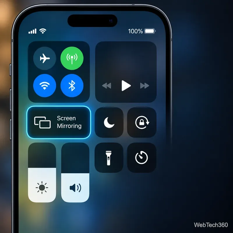 Центр управления iPhone с выделенным элементом «Зеркалирование экрана».