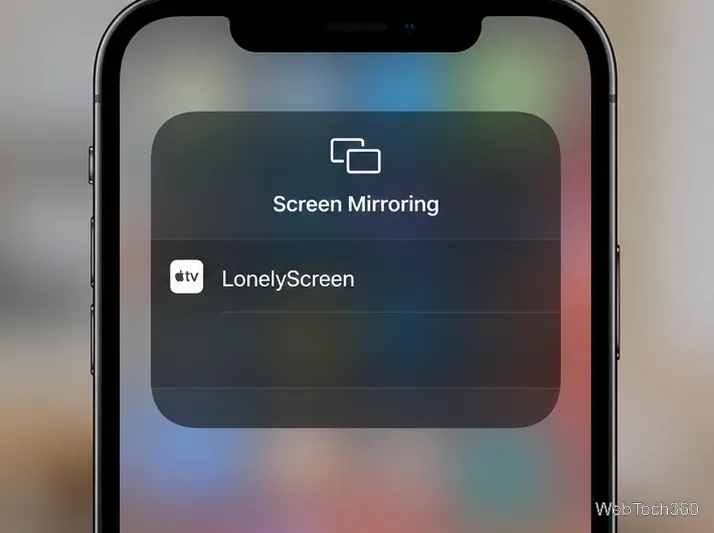 iPhoneの画面ミラーリングデバイス一覧に、LonelyScreenが受信可能なデバイスとして表示されている。