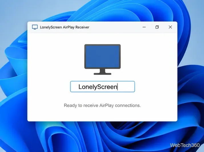 Windows上のLonelyScreen受信ウィンドウに、編集可能なデバイス名「LonelyScreen」が表示されている。
