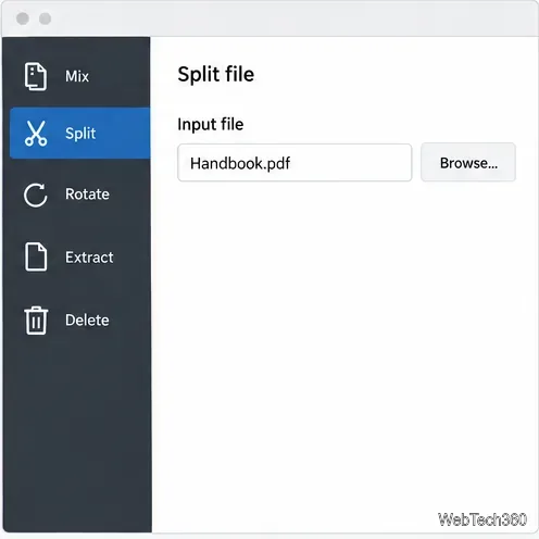 PDFsam Basic Splitモジュールが選択され、入力フィールドにHandbook.pdfと入力されました。