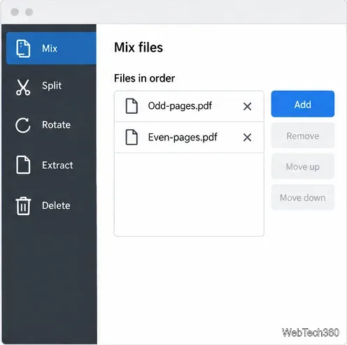 Odd-pages.pdf と Even-pages.pdf を含むファイルリストを追加ボタン付きで作成します。