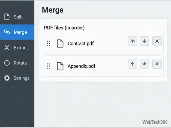 Contract.pdf を Appendix.pdf より前に表示するマージファイルリスト(行の順序を変更するコントロール付き)