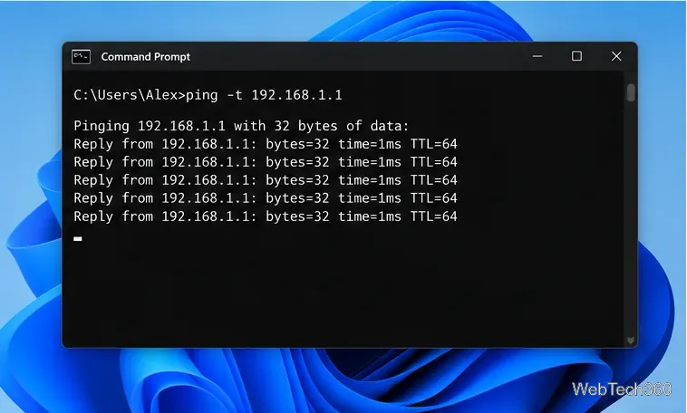 A Command Prompt window shows steady replies from a sample local router address, 192.168.1.1.