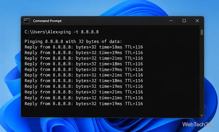 A Command Prompt window shows repeated replies from 8.8.8.8 during a continuous ping test.