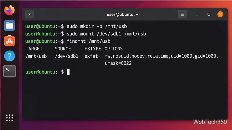 Ubuntuターミナルに、sdb1を/mnt/usbにマウントするためのmkdir、mount、findmntコマンドが表示されています。