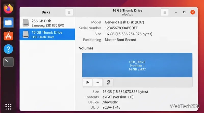 GNOMEのディスクウィンドウで、16GBのUSBドライブが選択され、そのexFATパーティションが表示されている。