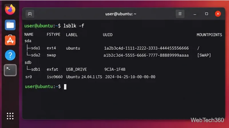 Ubuntuターミナルにlsblk -fの出力が表示され、sdb1という名前のexFAT USBパーティションがあります。
