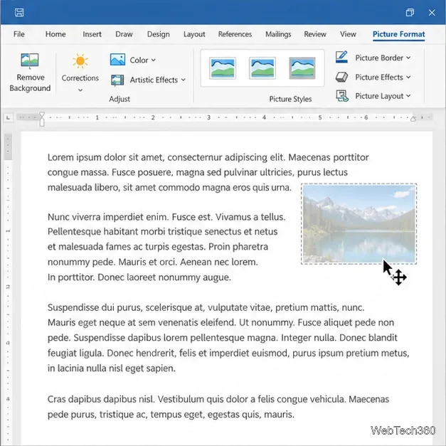 Une image sélectionnée est déplacée sur une page Word, avec un curseur de déplacement à quatre têtes et les paragraphes environnants.