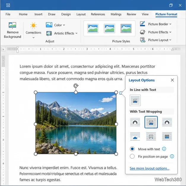 La fenêtre contextuelle « Options de mise en page Word » affiche les options « Aligné sur le texte » et « Retour à l’ordre », avec l’option « Carré » sélectionnée.