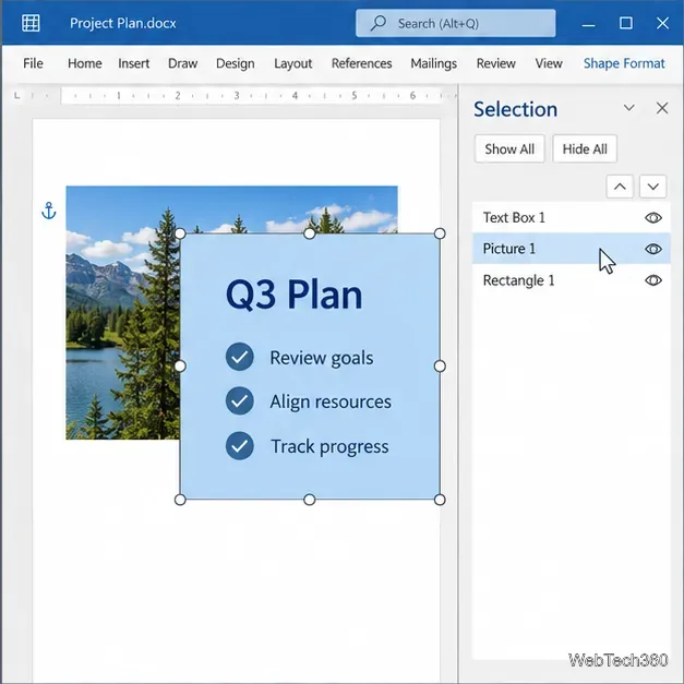 Le volet Sélection de Microsoft Word répertorie les objets du document, y compris l'image 1, permettant ainsi de sélectionner une image masquée.