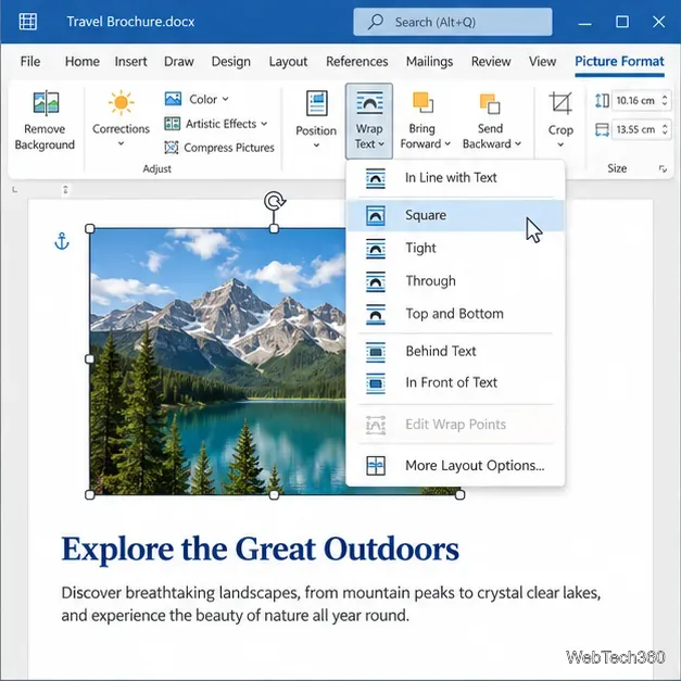 Ruban Format d'image de Microsoft Word avec le menu Habillage du texte ouvert et plusieurs options d'habillage.