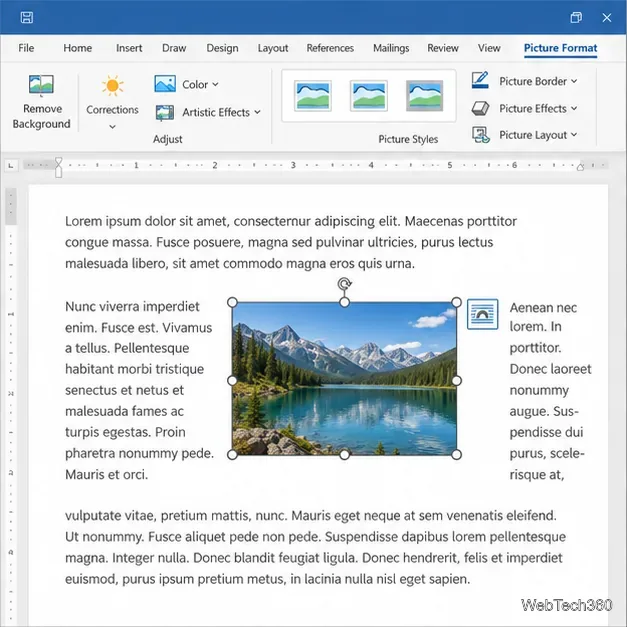 Une image de paysage sélectionnée entre des paragraphes Word, avec du texte qui s'écoule autour.