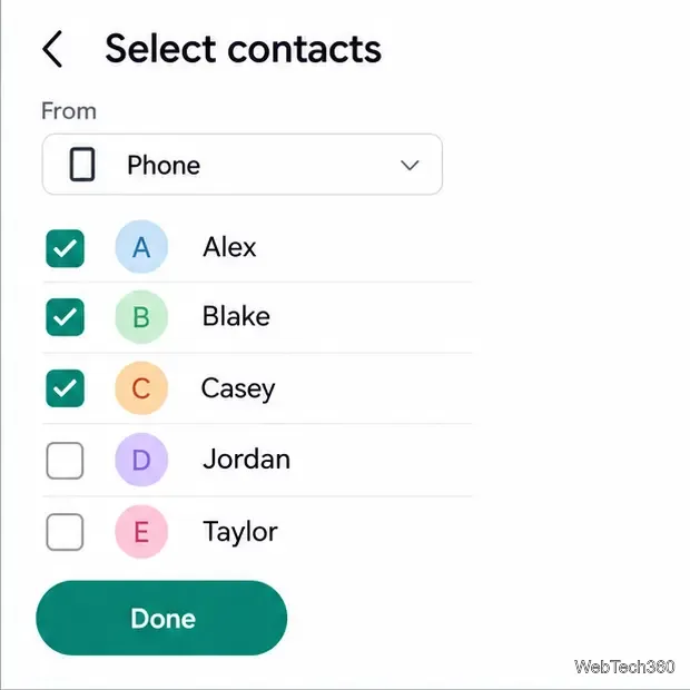 Exemple d'écran de sélection de contact avec trois entrées cochées et un bouton Terminé.