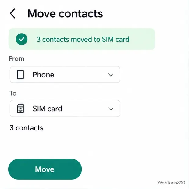 Capture d'écran de la fonction Déplacer les contacts montrant le téléphone comme source et la carte SIM comme destination.