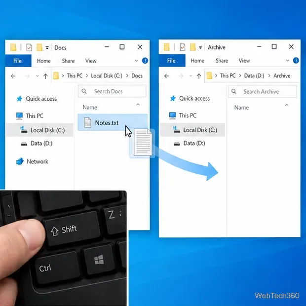Il file Notes.txt è selezionato in Esplora file e viene trascinato verso la destinazione D: tenendo premuto il tasto Maiusc.