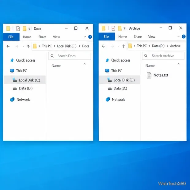 Dopo lo spostamento, il file Notes.txt compare nella cartella D: Archive, mentre la cartella di origine C: Docs risulta vuota.