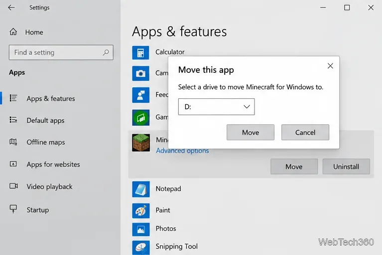 Windows 10 Move this app dialog with drive D selected