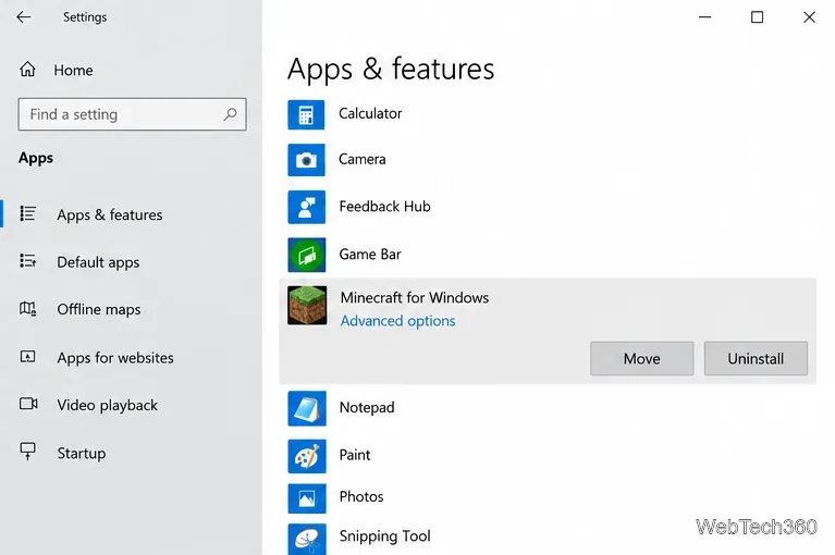 Expanded Minecraft for Windows entry in Windows 10 with the Move button visible