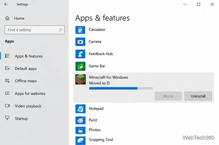 Minecraft for Windows entry showing that it is moving to drive D