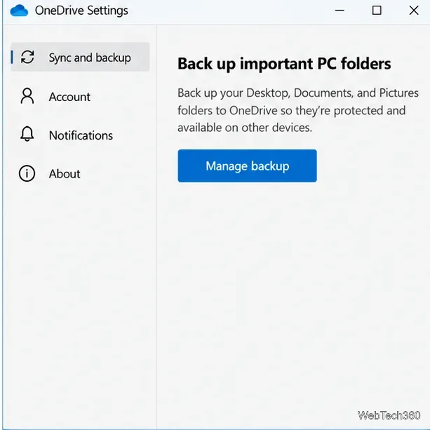 В настройках OneDrive открывается раздел «Синхронизация и резервное копирование», при этом кнопка «Управление резервным копированием» видна.