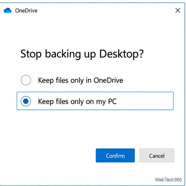 В окне OneDrive, предлагающем остановить резервное копирование рабочего стола, отображается выбранный параметр «Хранить файлы только на моем ПК».