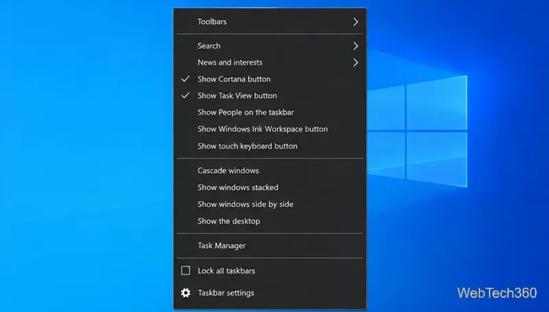 Menu contestuale della barra delle applicazioni di Windows 10 con la casella di controllo "Blocca tutte le barre delle applicazioni" deselezionata