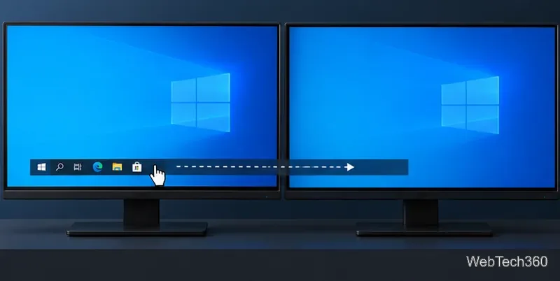 Due monitor Windows 10 estesi con la barra delle applicazioni sbloccata trascinata dal display di sinistra verso quello di destra.