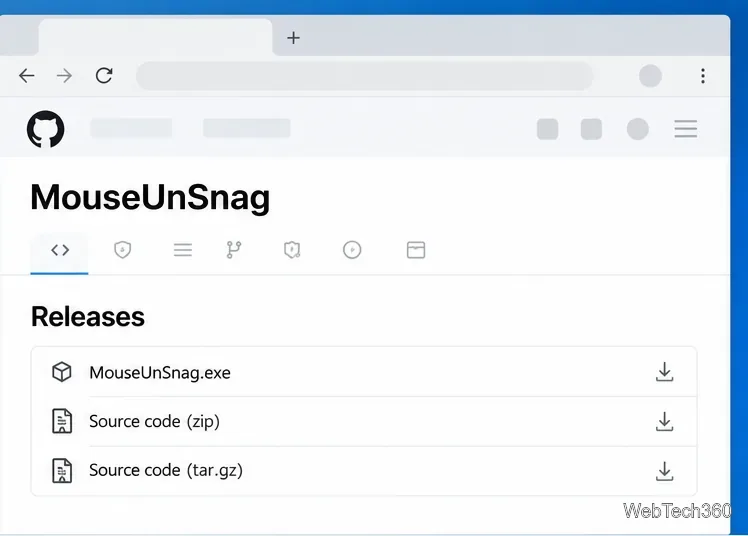 Страница релизов MouseUnSnag на GitHub, отображающая архивы исполняемого файла и исходного кода.