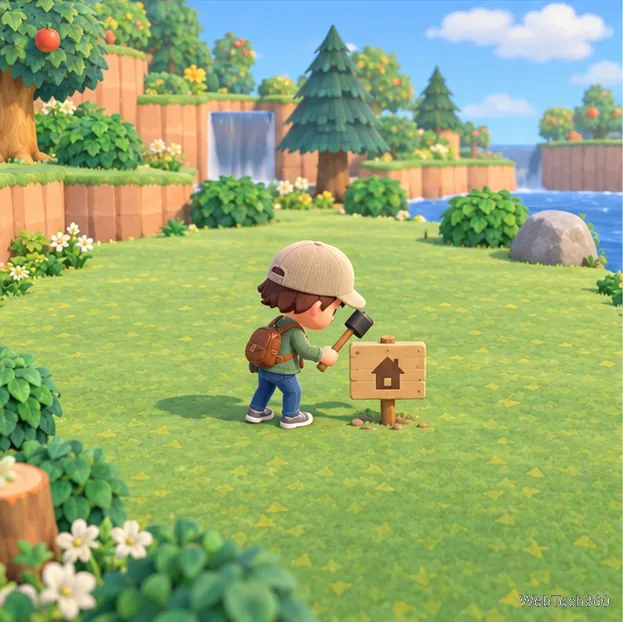 O avatar de um jogador está ao lado de um marcador de casa de madeira em uma clareira aberta na ilha.