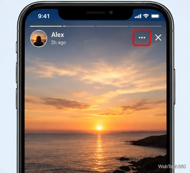 Visionneuse de stories Facebook affichant un coucher de soleil publié par Alex, avec le bouton Options à trois points mis en évidence.