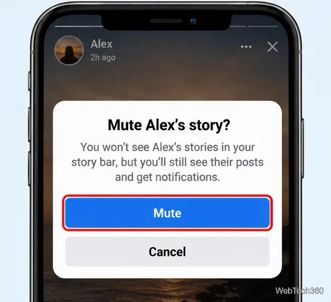 Exemple de boîte de dialogue de confirmation Facebook demandant si l'on souhaite désactiver le son de la story d'Alex, avec des boutons « Désactiver le son » et « Annuler ».