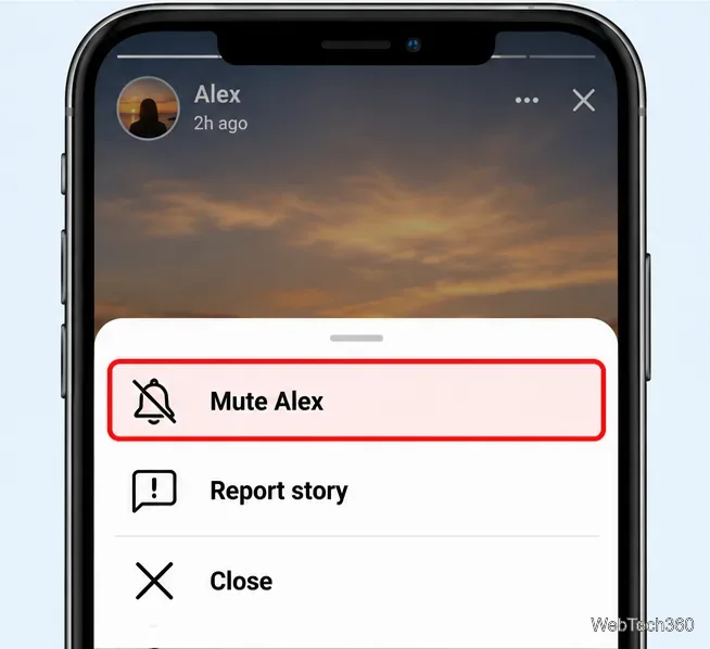 Menu des options de story Facebook avec l'option « Muet Alex » mise en évidence au-dessus de « Signaler la story » et « Fermer ».