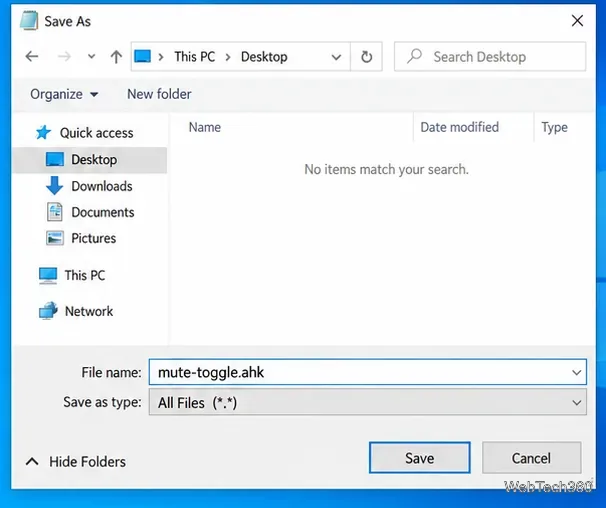 В диалоговом окне «Сохранить как» в Windows 10 в поле имени файла указано mute-toggle.ahk, и выбран пункт «Все файлы».