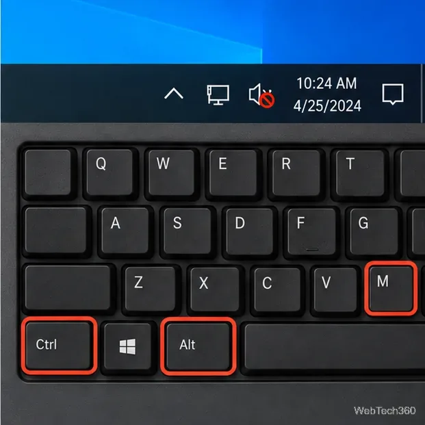 Индикатор выключенного динамика в Windows 10 расположен над клавиатурой, на которой выделены клавиши Ctrl, Alt и M.