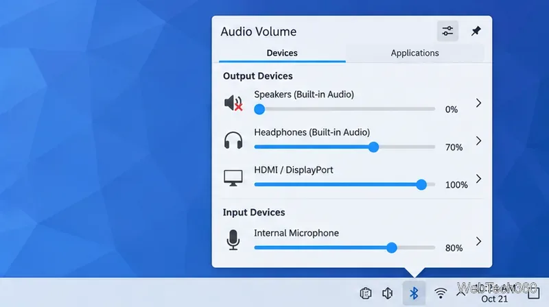 KDE Plasmaのオーディオボリュームパネルには、スピーカー、ヘッドホン、HDMI出力、内蔵マイクが表示され、それぞれ独立したボリュームコントロールが付いています。