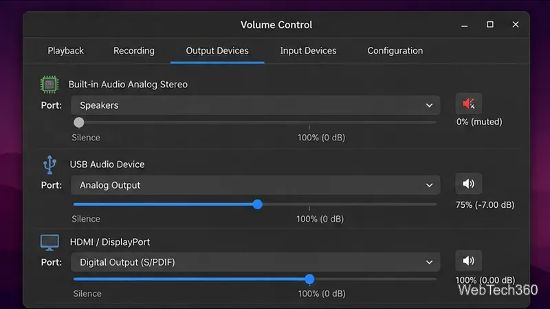 Pavucontrolの出力デバイスタブで、内蔵スピーカーはミュートされているが、USBオーディオとHDMI出力はアクティブなままです。