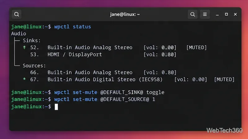 Linuxターミナルにwpctlステータスと、デフォルトのオーディオシンクの切り替えおよびデフォルトのソースのミュートを行うコマンドが表示されます。