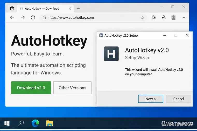 Страница загрузки AutoHotkey v2 находится рядом с мастером установки AutoHotkey v2 в Windows 10.