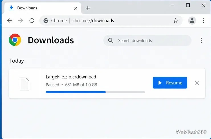 Chrome-Downloadseite mit einem pausierten Download von LargeFile.zip.cr und einer sichtbaren Schaltfläche „Fortsetzen“.