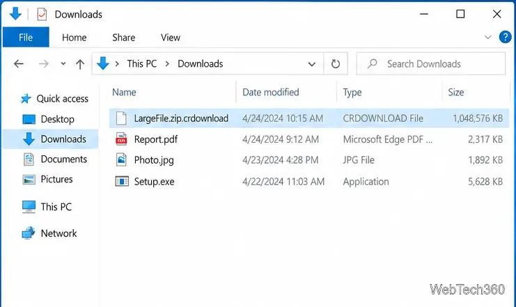 Windows 10 Datei-Explorer: Download-Ordner in der Detailansicht mit sichtbaren Dateinamenerweiterungen und ausgewählter Datei „LargeFile.zip.crdownload“.