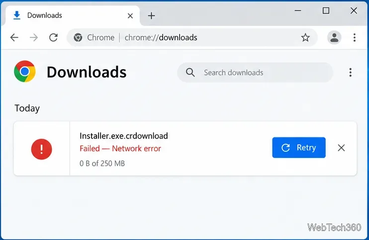 Auf der Chrome-Downloadseite wird angezeigt, dass Installer.exe.crdownload als fehlgeschlagen markiert ist und eine Schaltfläche zum Wiederholen vorhanden ist.
