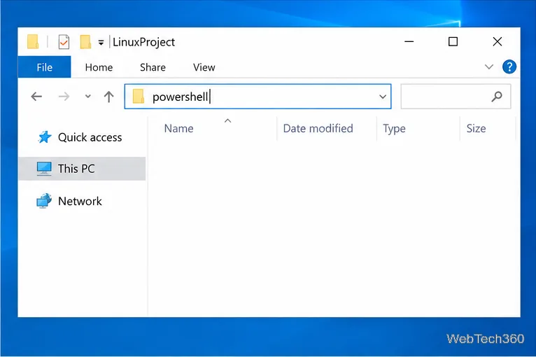 Windows 10 File Explorer shows the LinuxProject folder with powershell entered in the address bar.